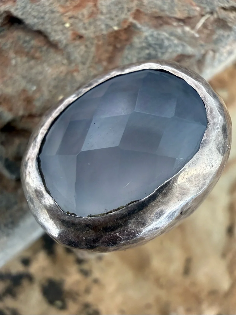 Nava Zahavi hammered silver ring with blue chalcedony stone. New with tags.